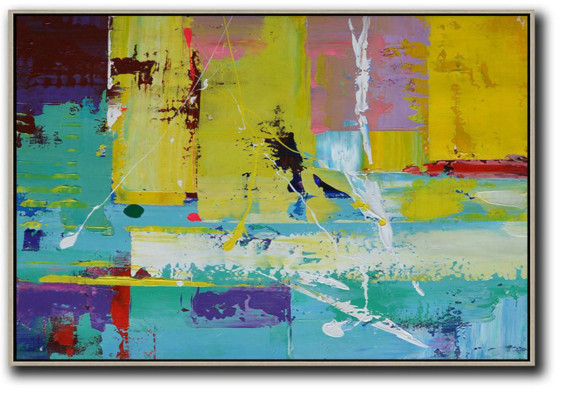 Horizontal Palette Knife Contemporary Art,Contemporary Abstract Painting,Yellow,Blue,Purple,Pink